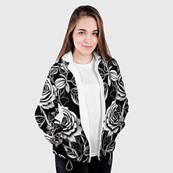 Куртка с капюшоном женская Чёрно белые узоры роза, цвет: 3D-белый — фото 2