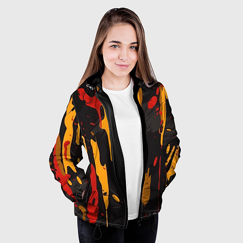 Женская куртка Красные желтые оранжевые пятна краски абстракция / 3D-Черный – фото 3