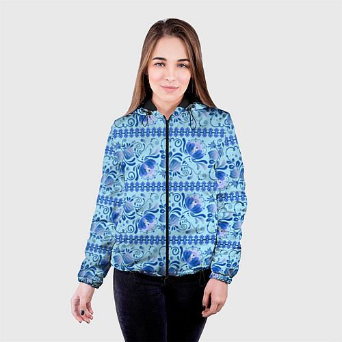 Женская куртка Паттерн гжель узоры и цветы / 3D-Черный – фото 4