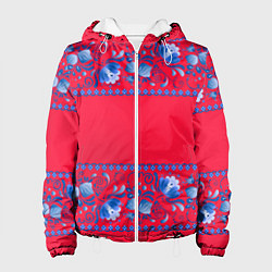 Куртка с капюшоном женская Голубая гжель на красном фоне, цвет: 3D-белый
