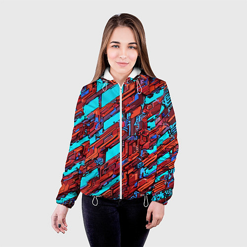 Женская куртка Красные фрагменты на голубом фоне / 3D-Белый – фото 4