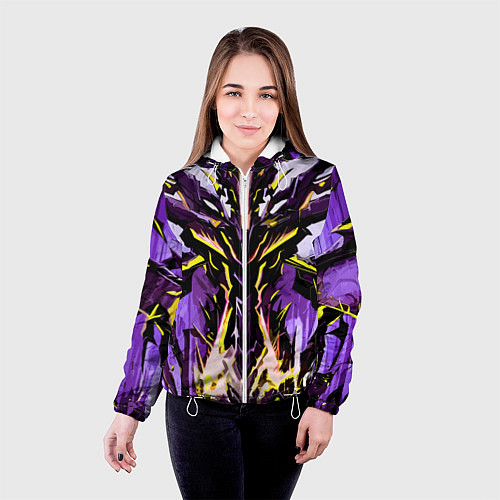 Женская куртка Чёрно-жёлтая агрессивная абстракция на фиолетовом / 3D-Белый – фото 4