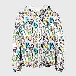 Куртка с капюшоном женская Цветные каракули буквы алфавита, цвет: 3D-белый