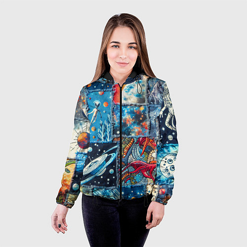 Женская куртка Космические обитатели на дениме / 3D-Черный – фото 4