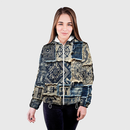 Женская куртка Татуировки майя на дениме / 3D-Белый – фото 4