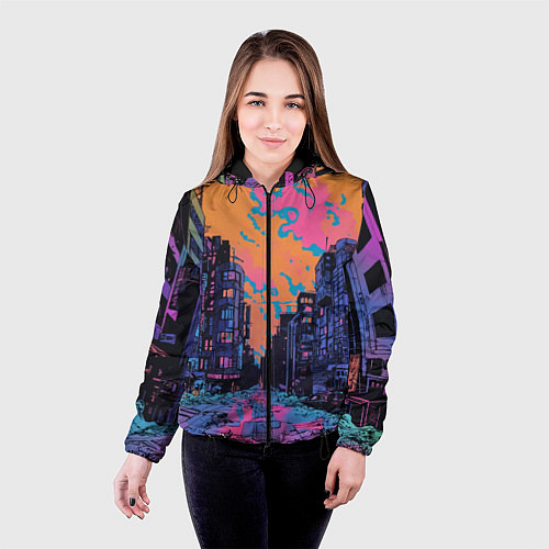 Женская куртка Киберпанк город в стиле комиксов / 3D-Черный – фото 4