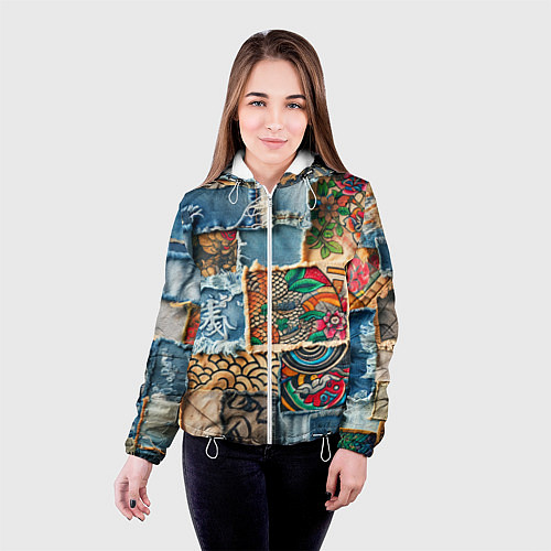 Женская куртка Японские мотивы на дениме / 3D-Белый – фото 4