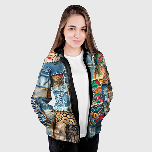 Женская куртка Японские мотивы на дениме / 3D-Черный – фото 3