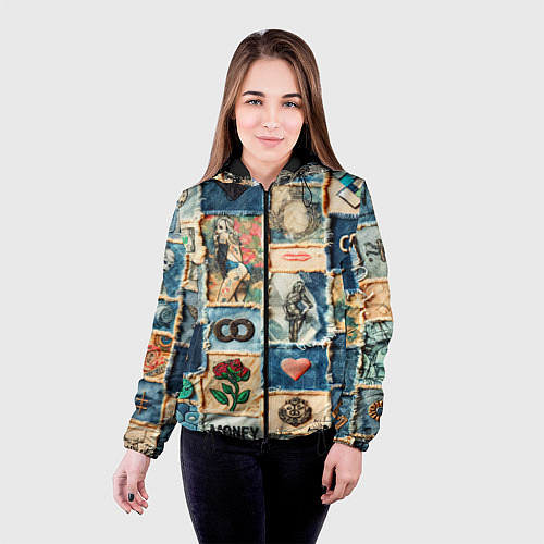 Женская куртка Баксы и девушки на дениме - пэчворк / 3D-Черный – фото 4
