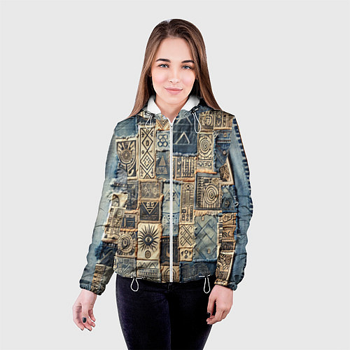 Женская куртка Татуировки племени майя пэчворк / 3D-Белый – фото 4