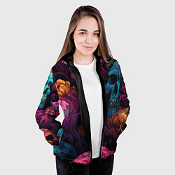 Куртка с капюшоном женская Яркие цветы с черепами, цвет: 3D-черный — фото 2