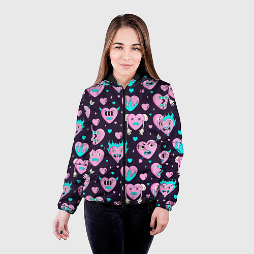 Женская куртка Паттерн с арт сердцами / 3D-Черный – фото 4