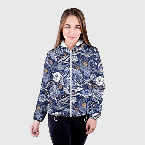 Женская куртка Рыба карп - синий корейский узор / 3D-Белый – фото 4