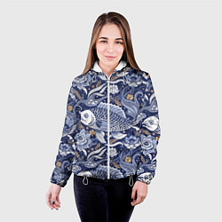Куртка с капюшоном женская Рыба карп - синий корейский узор, цвет: 3D-белый — фото 2