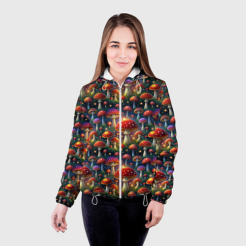 Женская куртка Красные мухоморы в лесу паттерн / 3D-Белый – фото 4