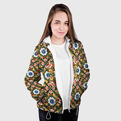 Куртка с капюшоном женская Русские цветочные узоры красно-желтые, цвет: 3D-белый — фото 2