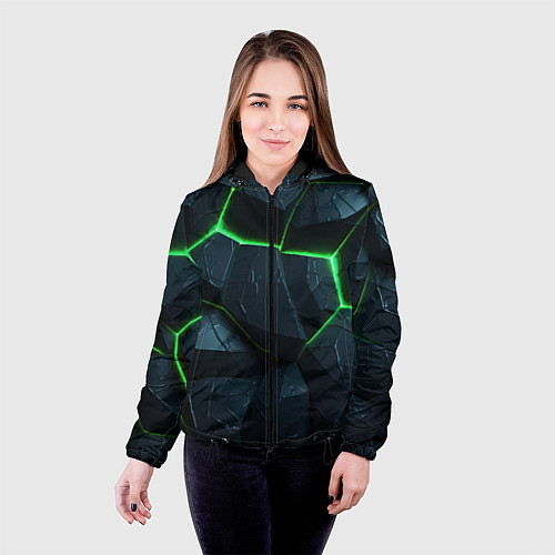 Женская куртка Abstract dark green geometry style / 3D-Черный – фото 4