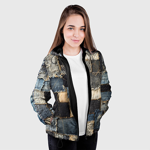Женская куртка Заплатки пэчворк на джинсе / 3D-Черный – фото 3