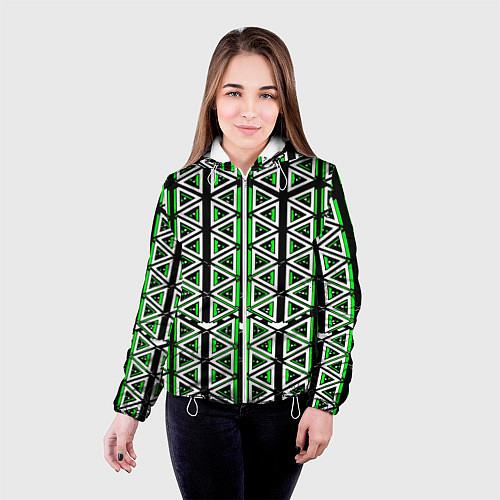 Женская куртка Бело-зелёные треугольники на чёрном фоне / 3D-Белый – фото 4