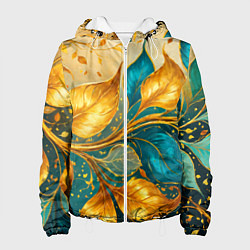 Женская куртка Листья абстрактные золото и бирюза