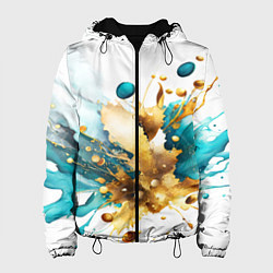 Куртка с капюшоном женская Бирюзово голубая абстракция, брызги краски на бело, цвет: 3D-черный