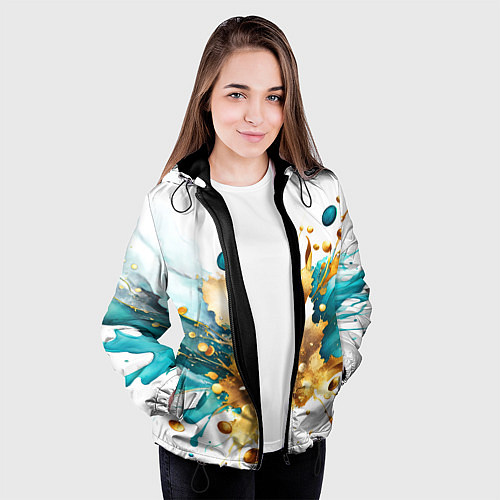 Женская куртка Бирюзово голубая абстракция, брызги краски на бело / 3D-Черный – фото 3