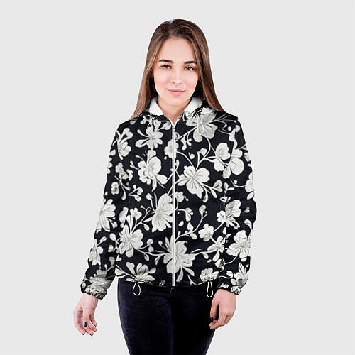 Женская куртка Патерн белых цветов на черном фоне / 3D-Белый – фото 4
