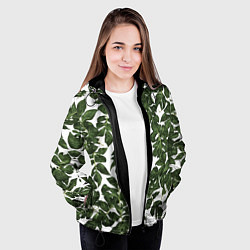 Куртка с капюшоном женская Зеленые листочки на белом фоне, цвет: 3D-черный — фото 2