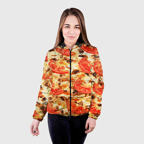 Женская куртка Пицца с грибами и томатом - текстура / 3D-Черный – фото 4