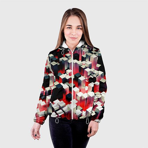 Женская куртка Черно-белые блоки в красном тумане / 3D-Белый – фото 4