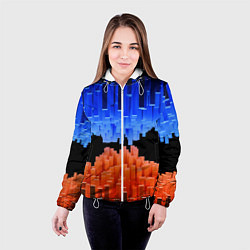 Куртка с капюшоном женская Стягивающиеся в центре синие и оранжевые блоки, цвет: 3D-белый — фото 2
