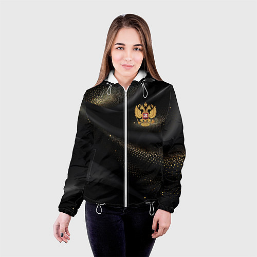 Женская куртка Золотой герб России на черно-золотой текстуре / 3D-Белый – фото 4