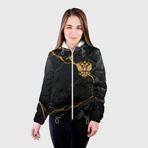 Женская куртка Золотой герб России на черно-золотой текстуре / 3D-Белый – фото 4