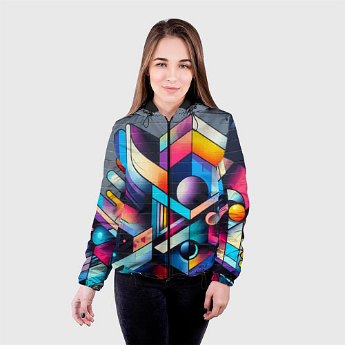 Женская куртка Геометрическое абстрактное граффити - нейросеть / 3D-Черный – фото 4