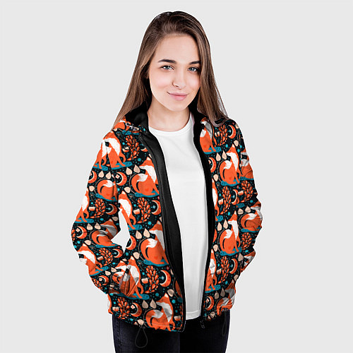 Женская куртка Разноцветный орнамент лисы паттерном / 3D-Черный – фото 3