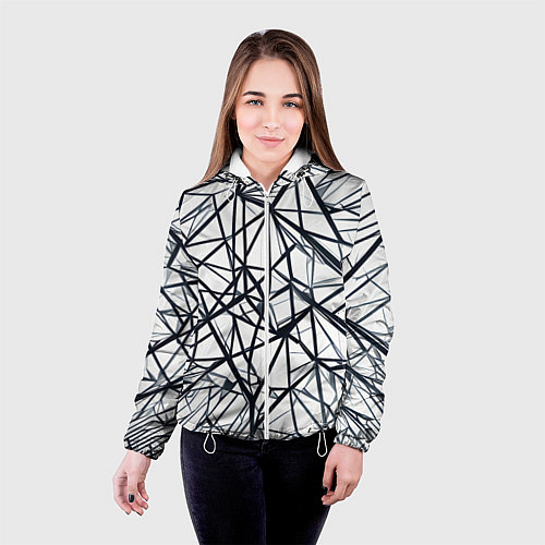 Женская куртка Чёрные хаотичные линии на белом фоне / 3D-Белый – фото 4
