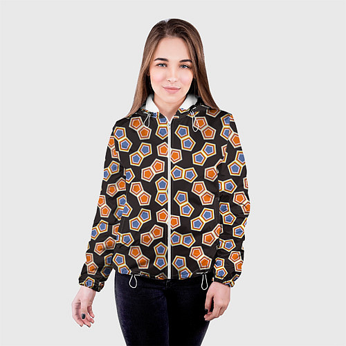 Женская куртка Сине-оранжевая мозаика на черном / 3D-Белый – фото 4