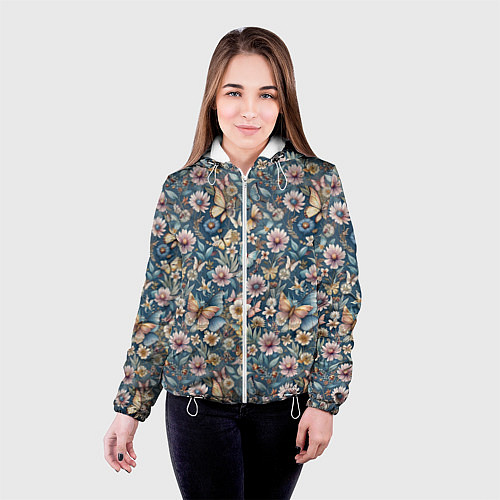 Женская куртка Летний узор с цветами и бабочками / 3D-Белый – фото 4