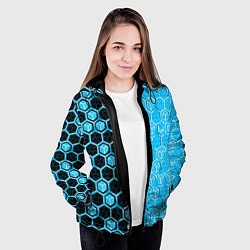 Куртка с капюшоном женская Техно-киберпанк шестиугольники голубой и чёрный, цвет: 3D-черный — фото 2