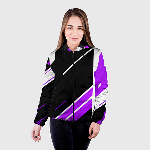 Женская куртка Бело-фиолетовые полосы на чёрном фоне / 3D-Черный – фото 4