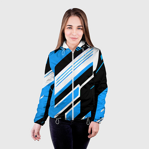 Женская куртка Бело-синие полосы на чёрном фоне / 3D-Белый – фото 4
