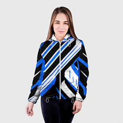 Куртка с капюшоном женская Чёрно-синие полосы на белом фоне, цвет: 3D-белый — фото 2