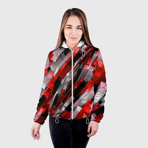 Женская куртка Черно-красно-белые наклонные блоки / 3D-Белый – фото 4