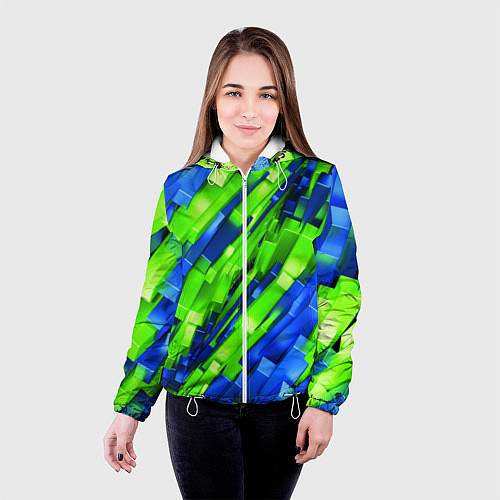 Женская куртка Сине-зеленые наклонные блоки / 3D-Белый – фото 4