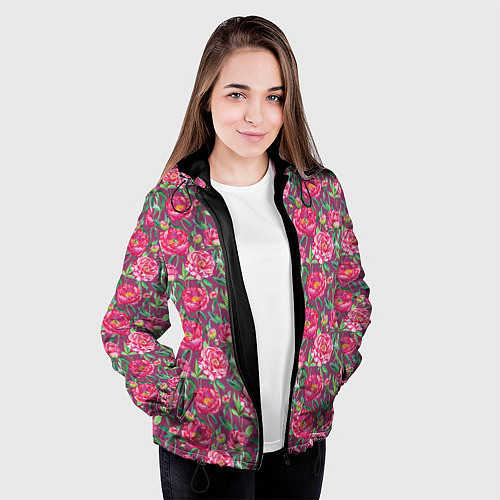 Женская куртка Пионы и шмели / 3D-Черный – фото 3