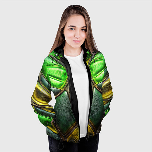 Женская куртка Зеленый текстурный костюм из кожи / 3D-Черный – фото 3