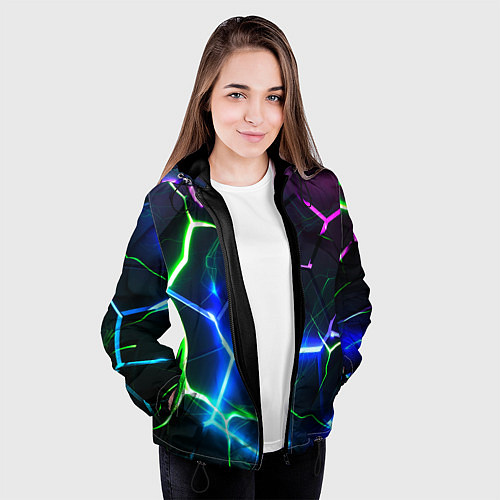 Женская куртка Микс из разломленных плит и неоновое свечения / 3D-Черный – фото 3