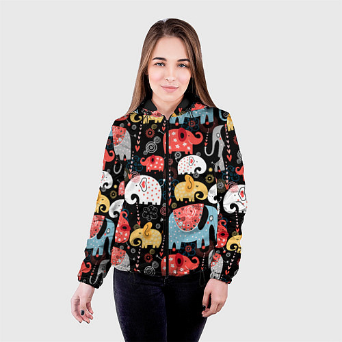 Женская куртка Разноцветные слоны узор / 3D-Черный – фото 4