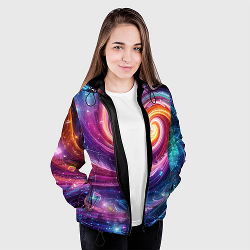 Женская куртка Космическая галактическая спираль - неоновое свече / 3D-Черный – фото 3