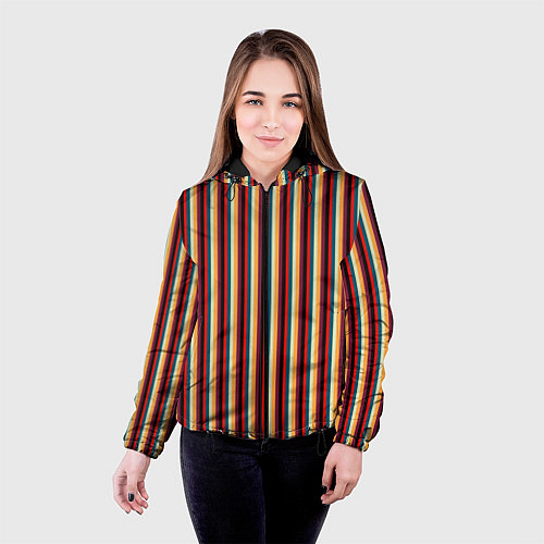 Женская куртка Жёлтый красный и бирюзовый в сочетании полосы / 3D-Черный – фото 4